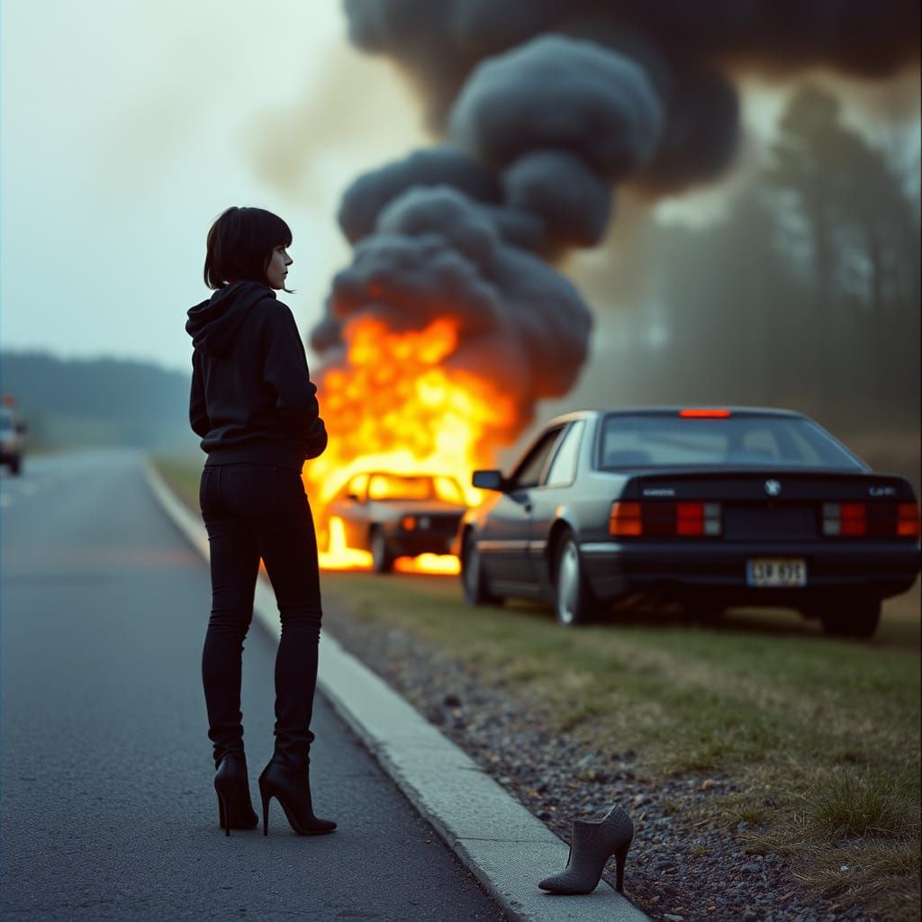 Woman by Burning Car: Cinematic Film Still