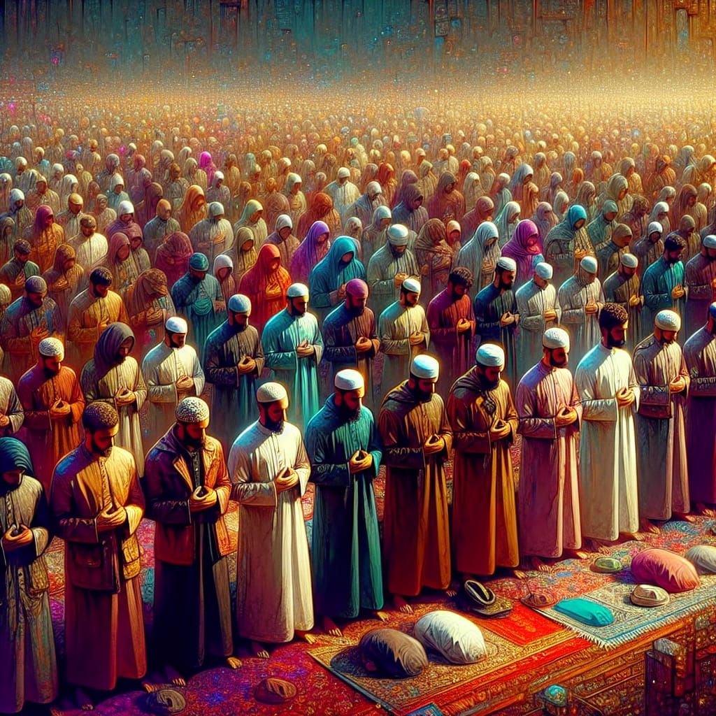 Muslim Men Praying Together in Diverse Garments