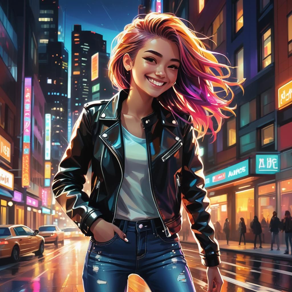 Teen Girl in Leather Jacket: Neon Anime Fashion
