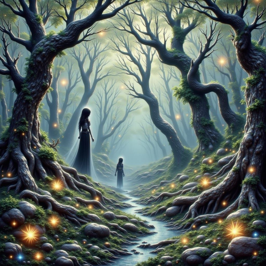 Surreal Bone Forest Collage with Glowing Runes