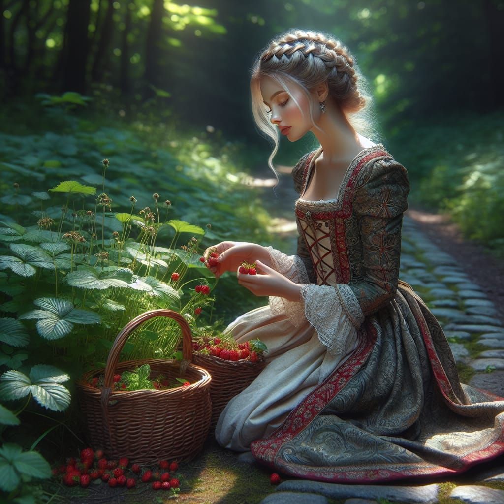 Princess Gathers Herbs and Strawberries in Forest