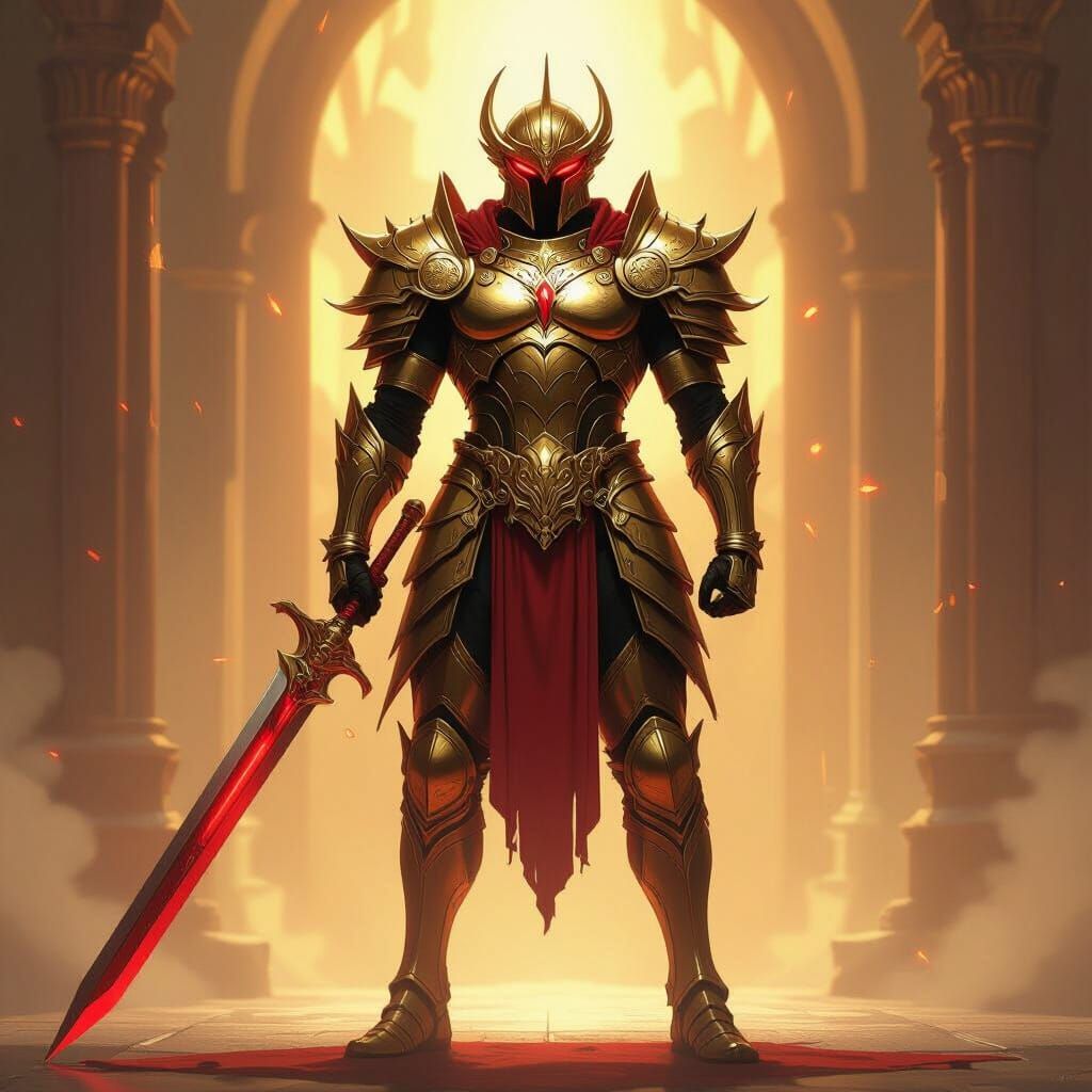 Heroic Anime Gladiator in Golden Armor, Dramatic Lighting