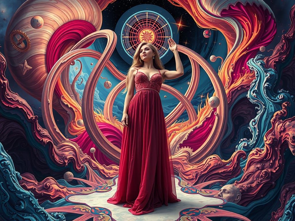 Surreal Dreamscape with Woman in Flowing Dress