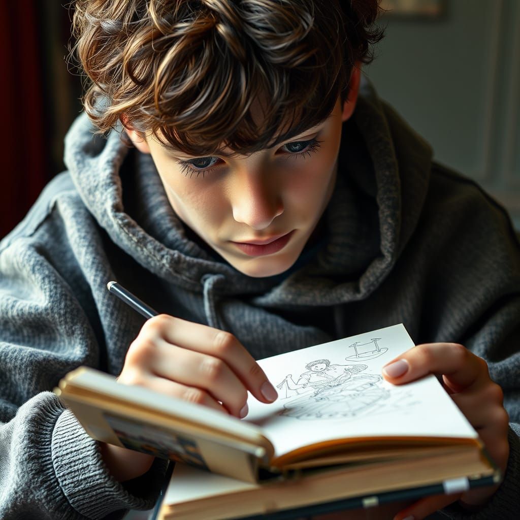 Emotional Young Artist Sketches in Oversized Hoodie