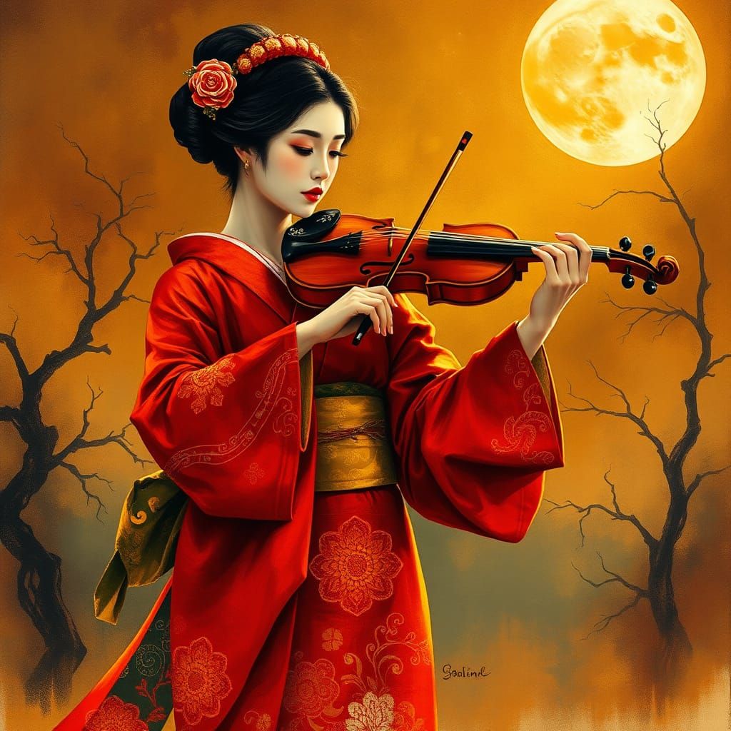 Geisha's Halloween Serenade: Japanese Impasto Style