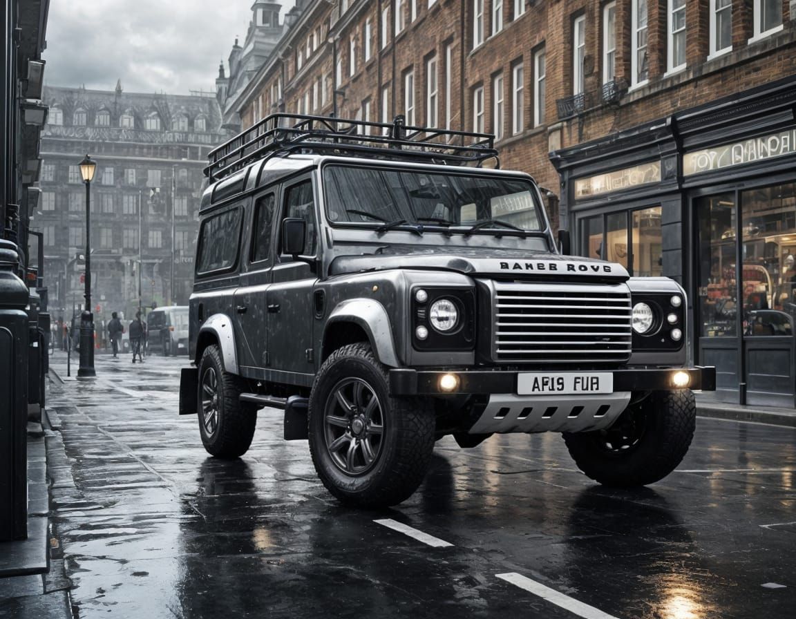 Armored Land Rover Defender in Rainy London