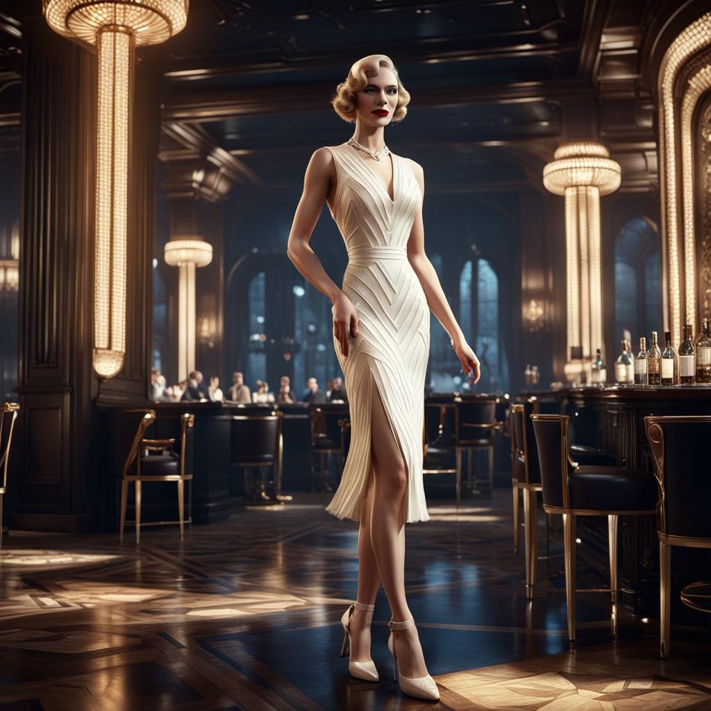 Elegant Woman in Lalique-Inspired Dress, 1930s Style