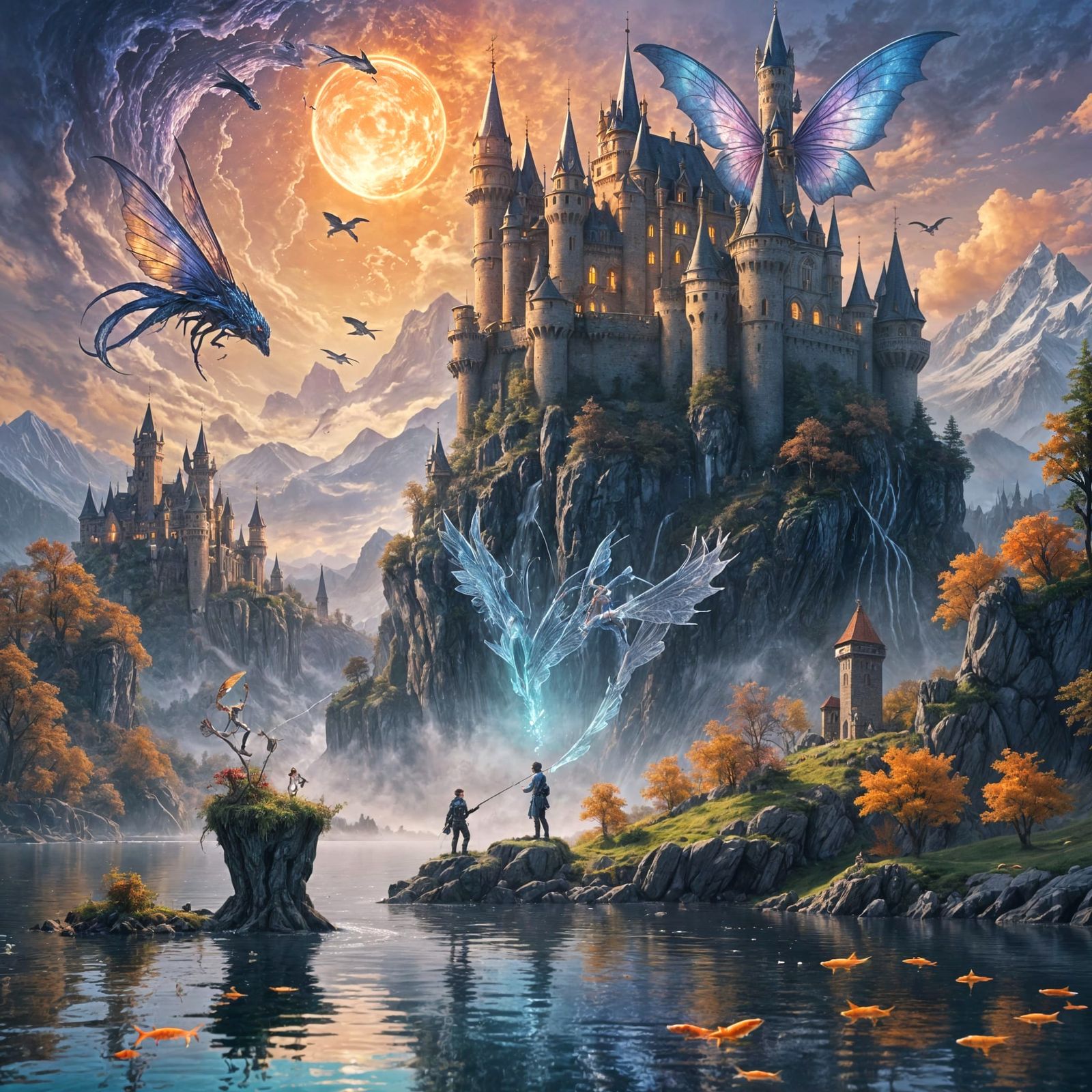 Fantasy Fairy Fishing by Lake Castle, Detailed Matte Paintin...