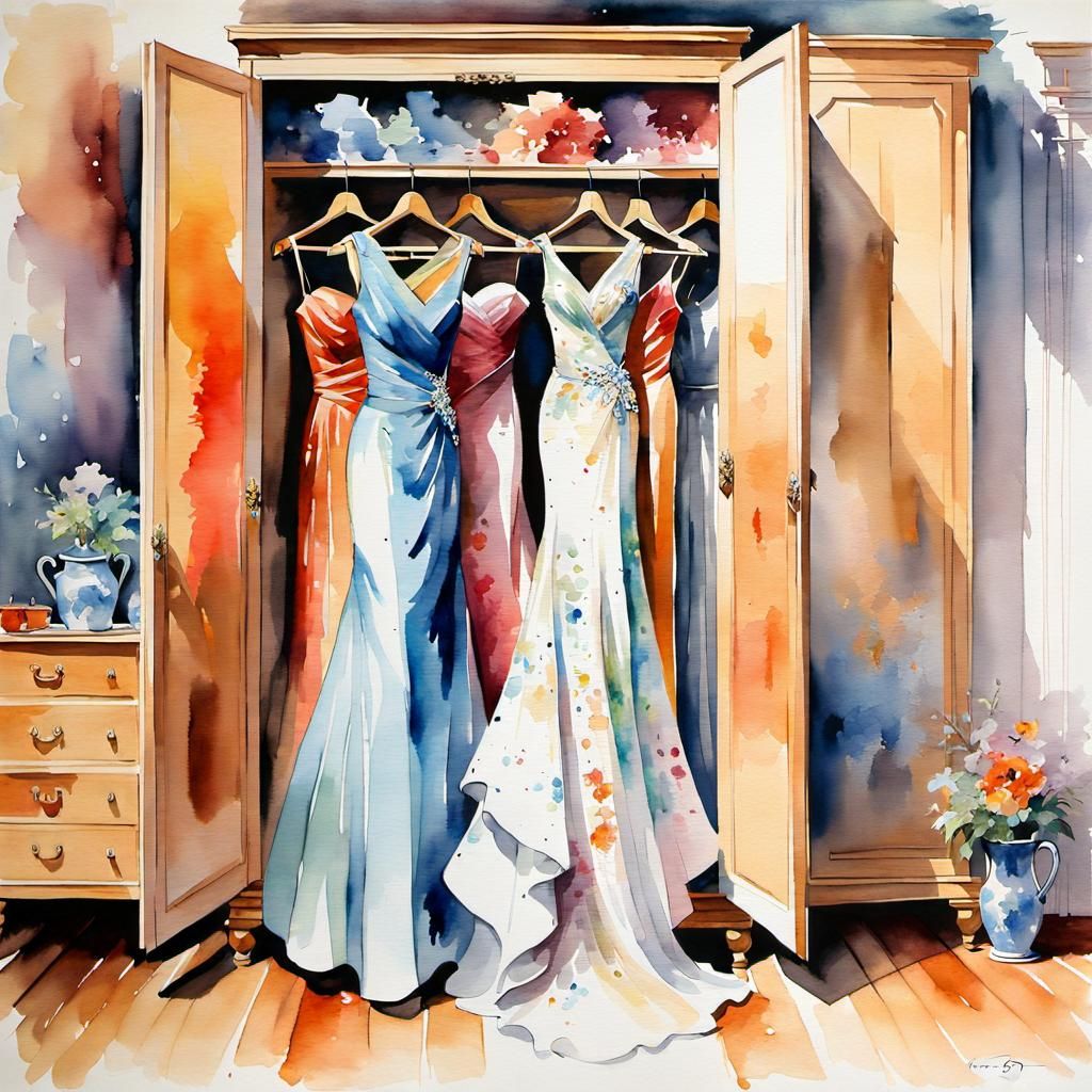 Watercolor Evening Gowns in Wooden Wardrobe