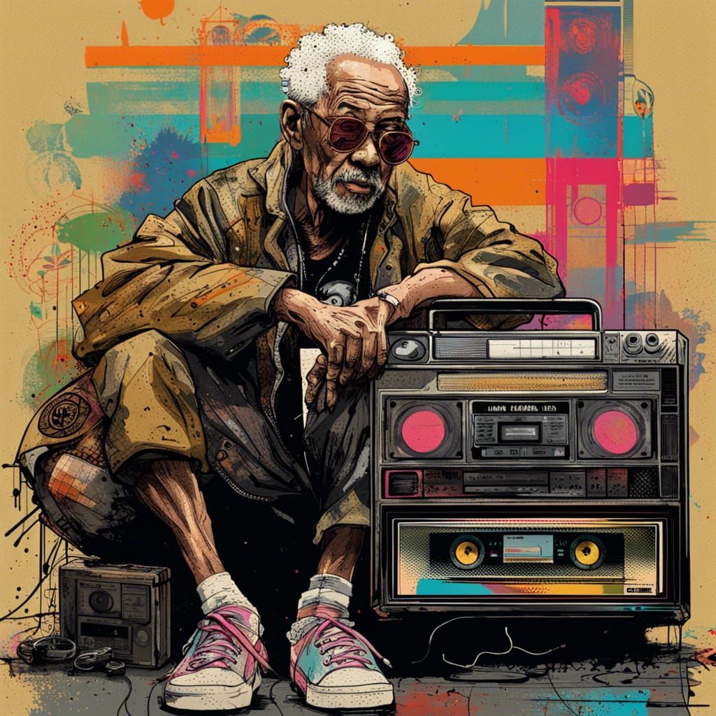 Hip Hop Elderly with Boombox in Street Art Style
