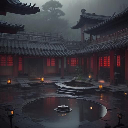 Sinister Chinese Courtyard with Mysterious Well