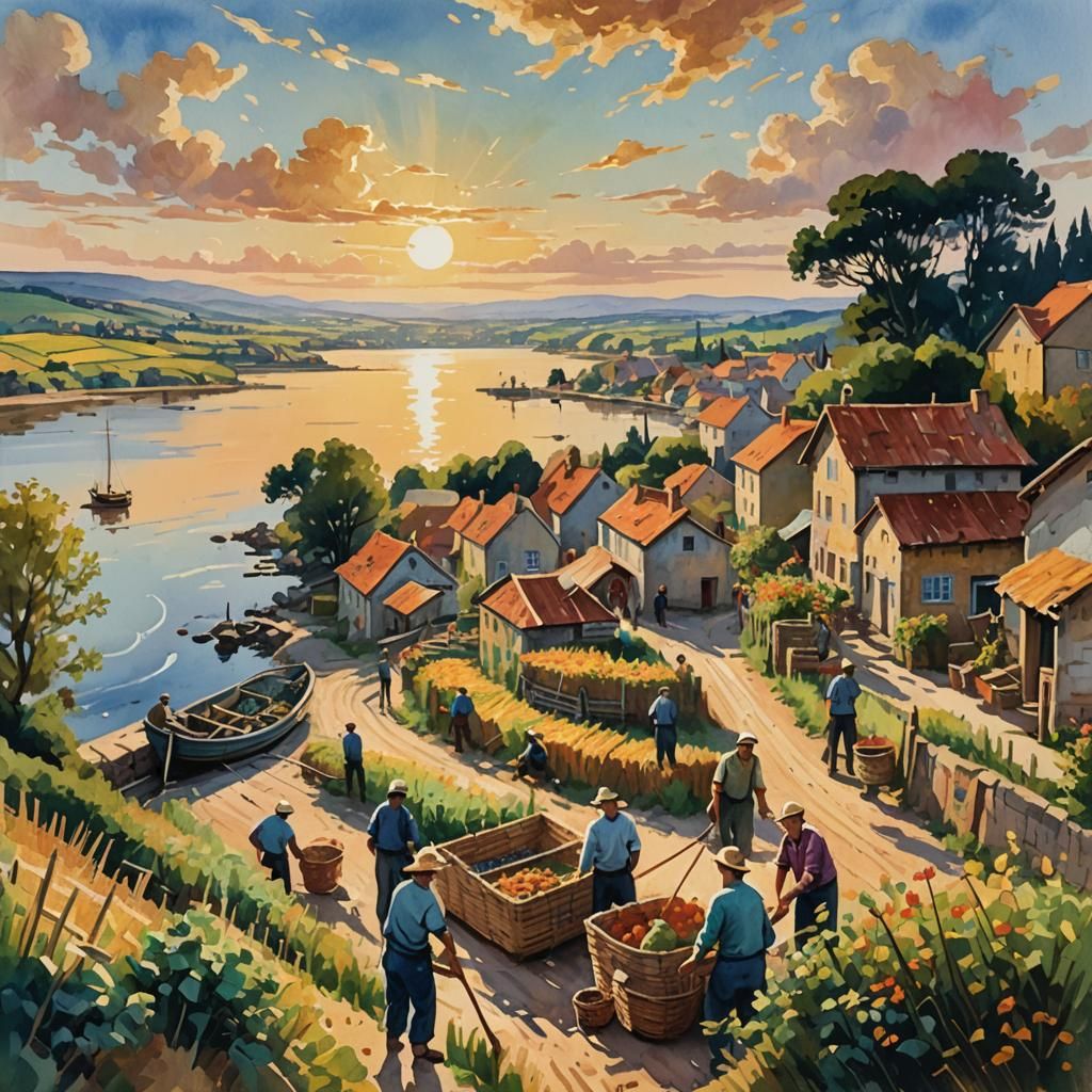 European Village Harvest: An Impressionist Gouache Painting