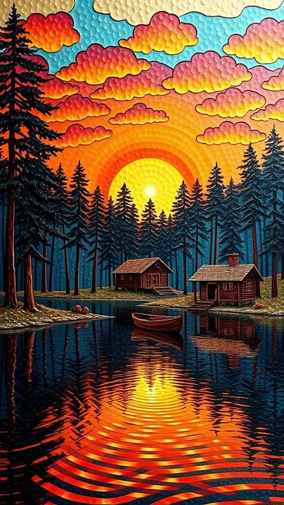 Embossed Metal Forest Lake Sunrise Cabin Artwork