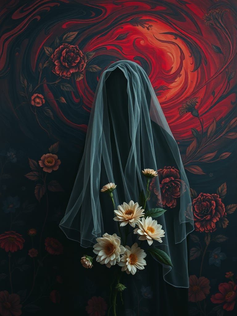 Ethereal Dreamlike Scene with Obscured Figure in Dark Floral...