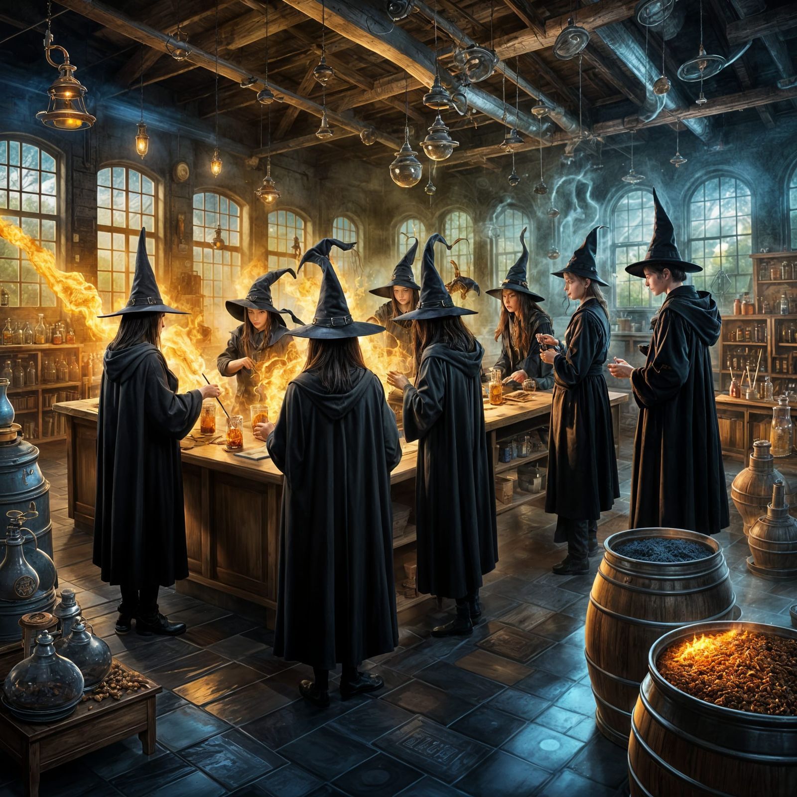 Witches Teaching Magic in Hyperdetailed Classroom