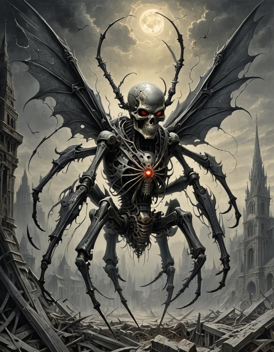 Winged Cyborg Skull Spider in Dark Horror Style