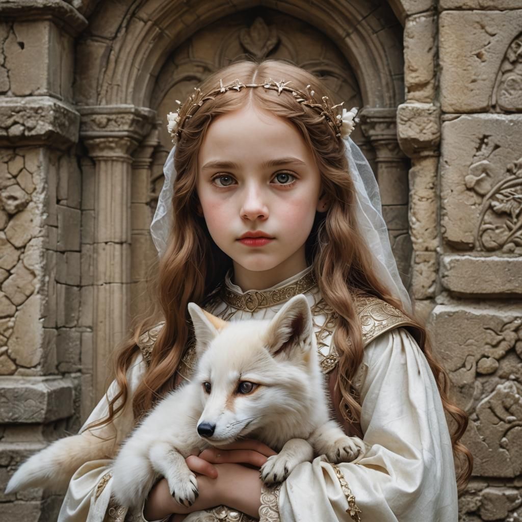 Medieval Girl and Fox in Ancient Castle, Gothic Style