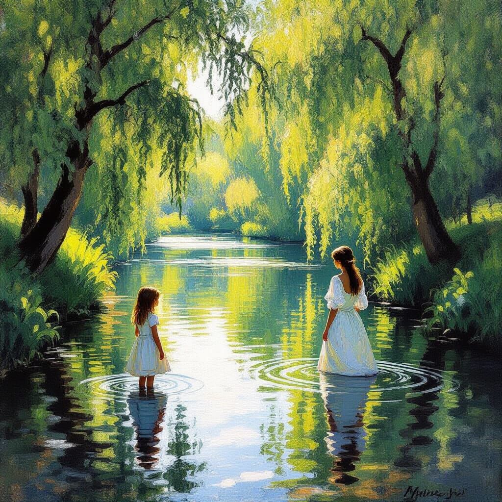Ethereal River Scene: Girl and Woman in Impressionistic Styl...