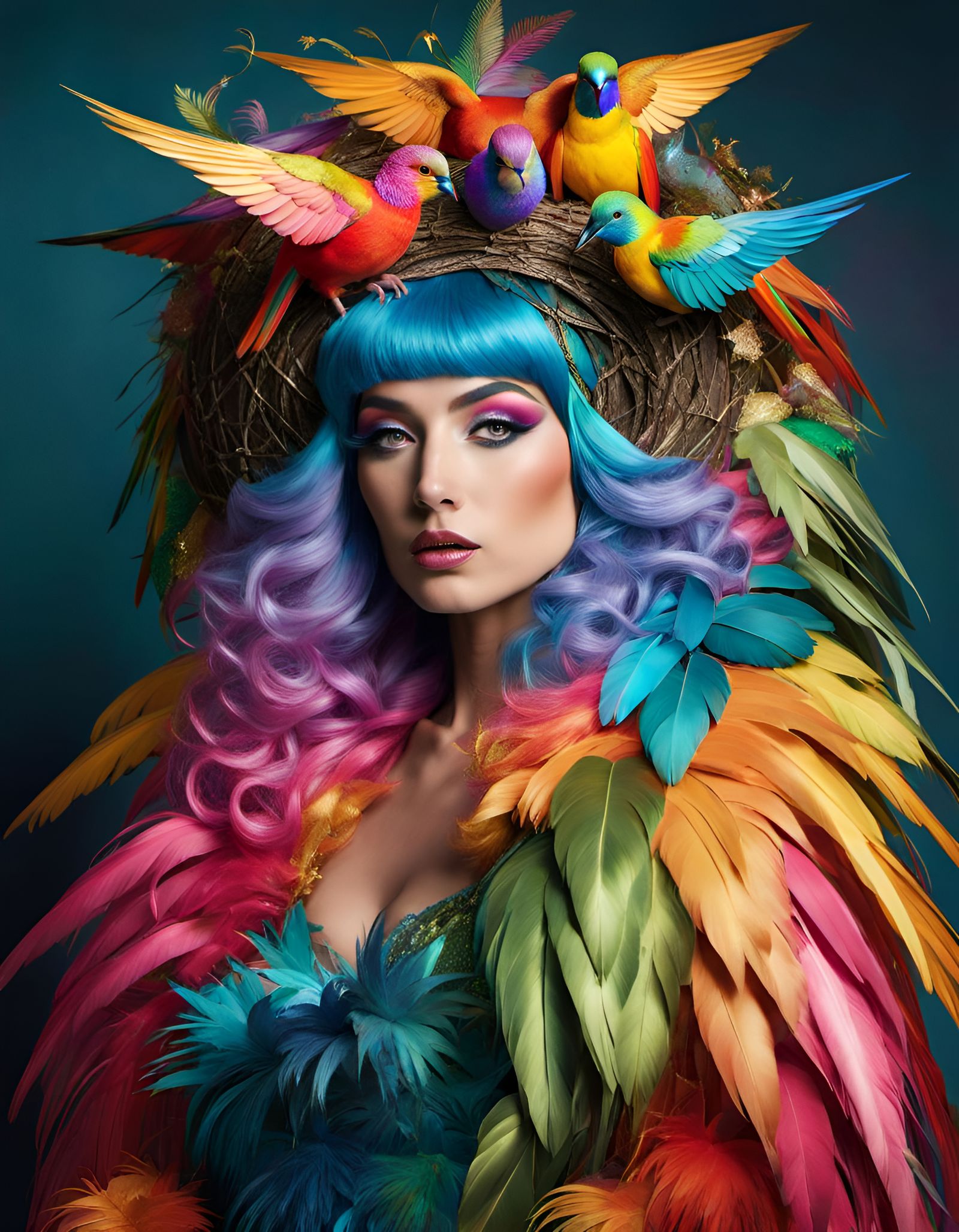 Rainbow Bird's Nest Wig: Maximalist Fashion Portrait