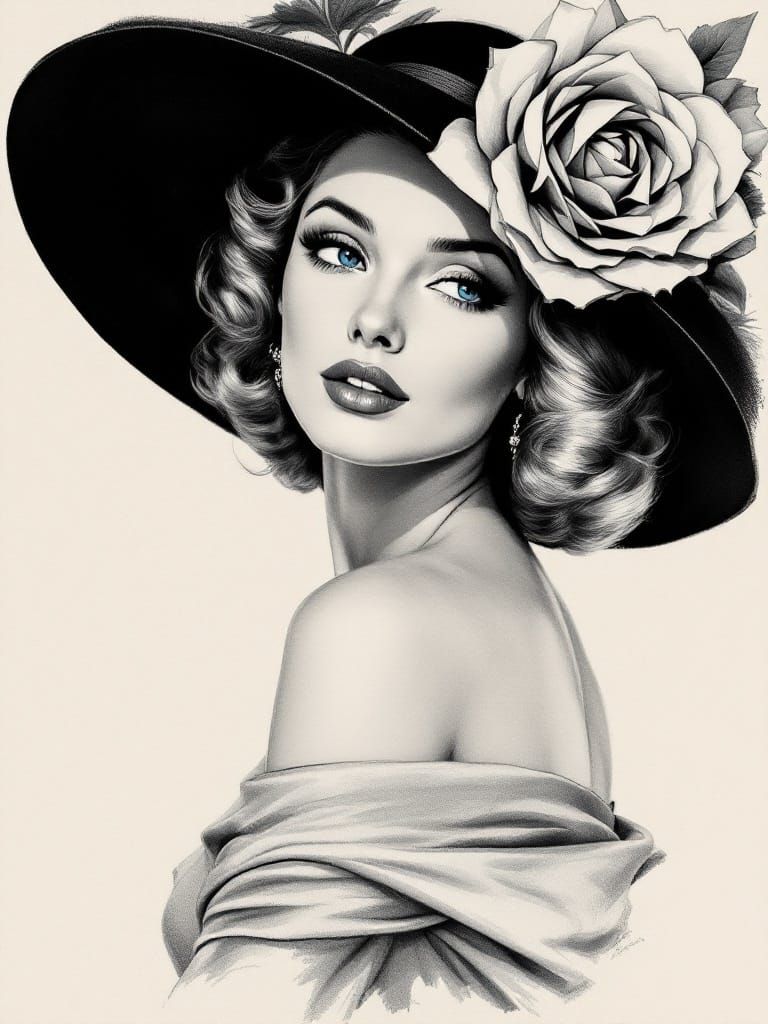 Vintage Glamour Portrait with Wide-Brimmed Hat and Rose