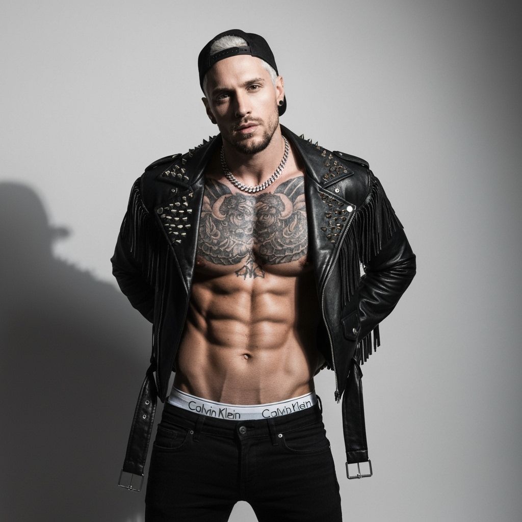 Confident Man with Tattoos in Motorcycle Jacket