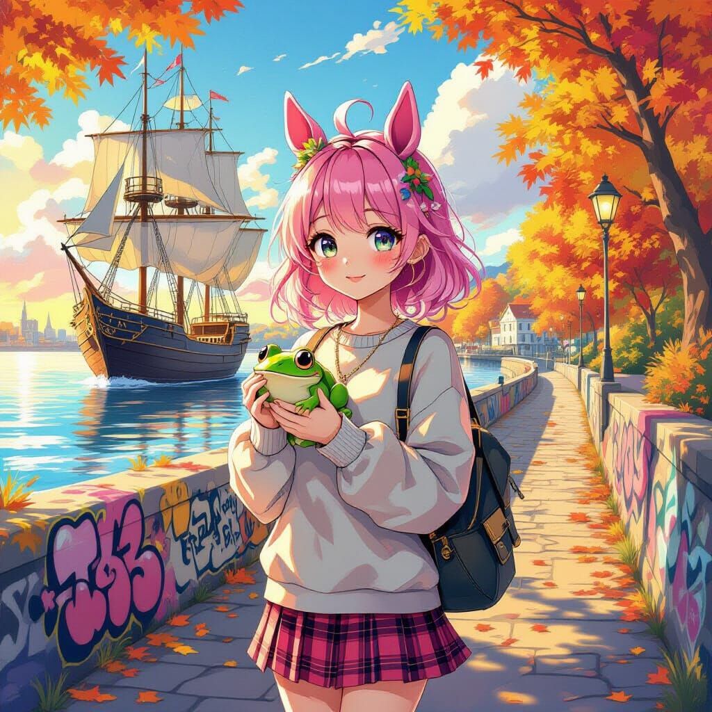 Anime Girl with Pink Hair and Horse Ears Holding Frog