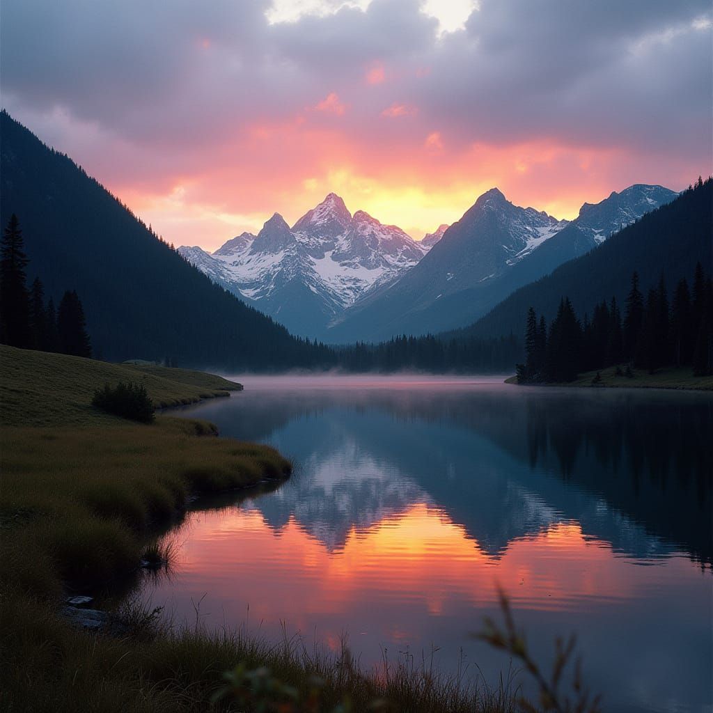 Majestic Mountain Lake Sunset Reflection