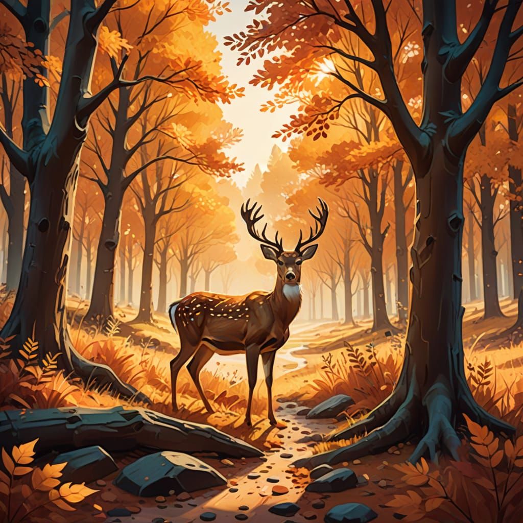 Whimsical Deer in Autumn Forest Digital Painting