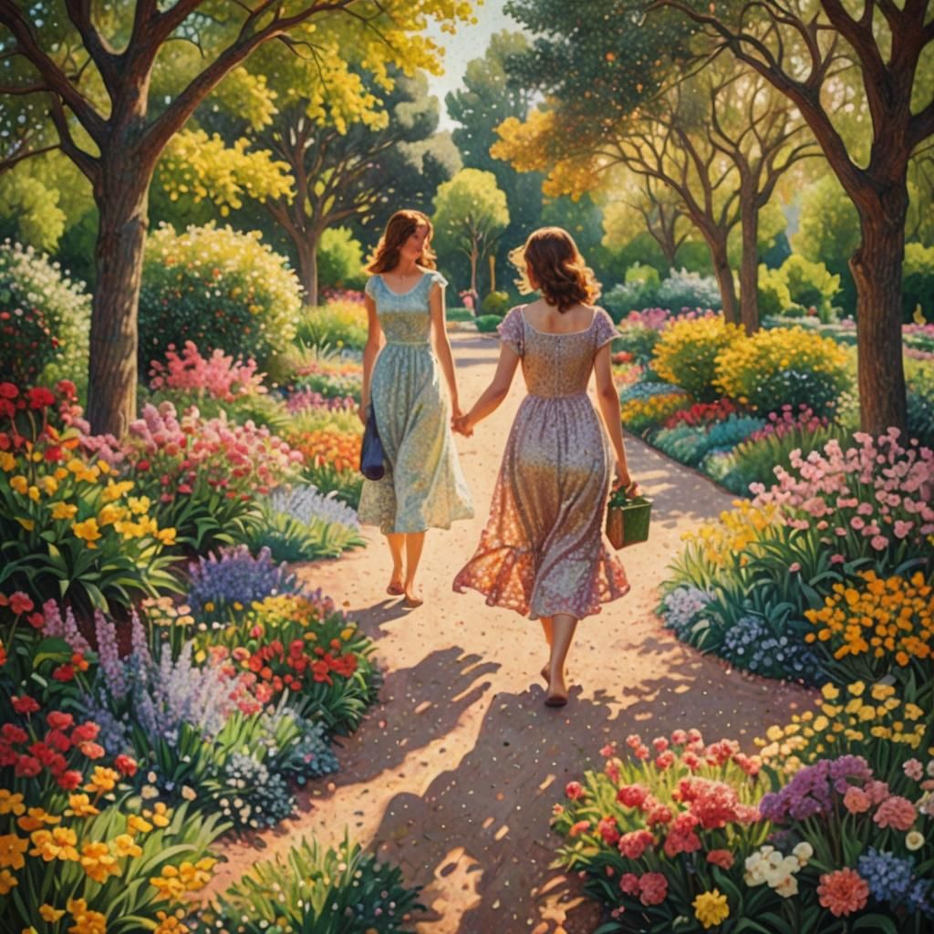 Pointillist Garden Scene with Woman in Sundress