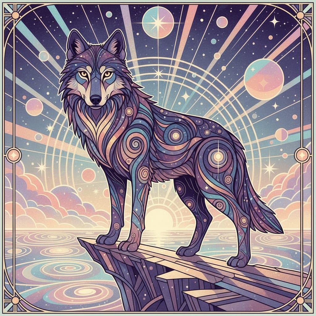 Majestic Nebula Wolf on Cosmic Cliff Overlooking Ocean