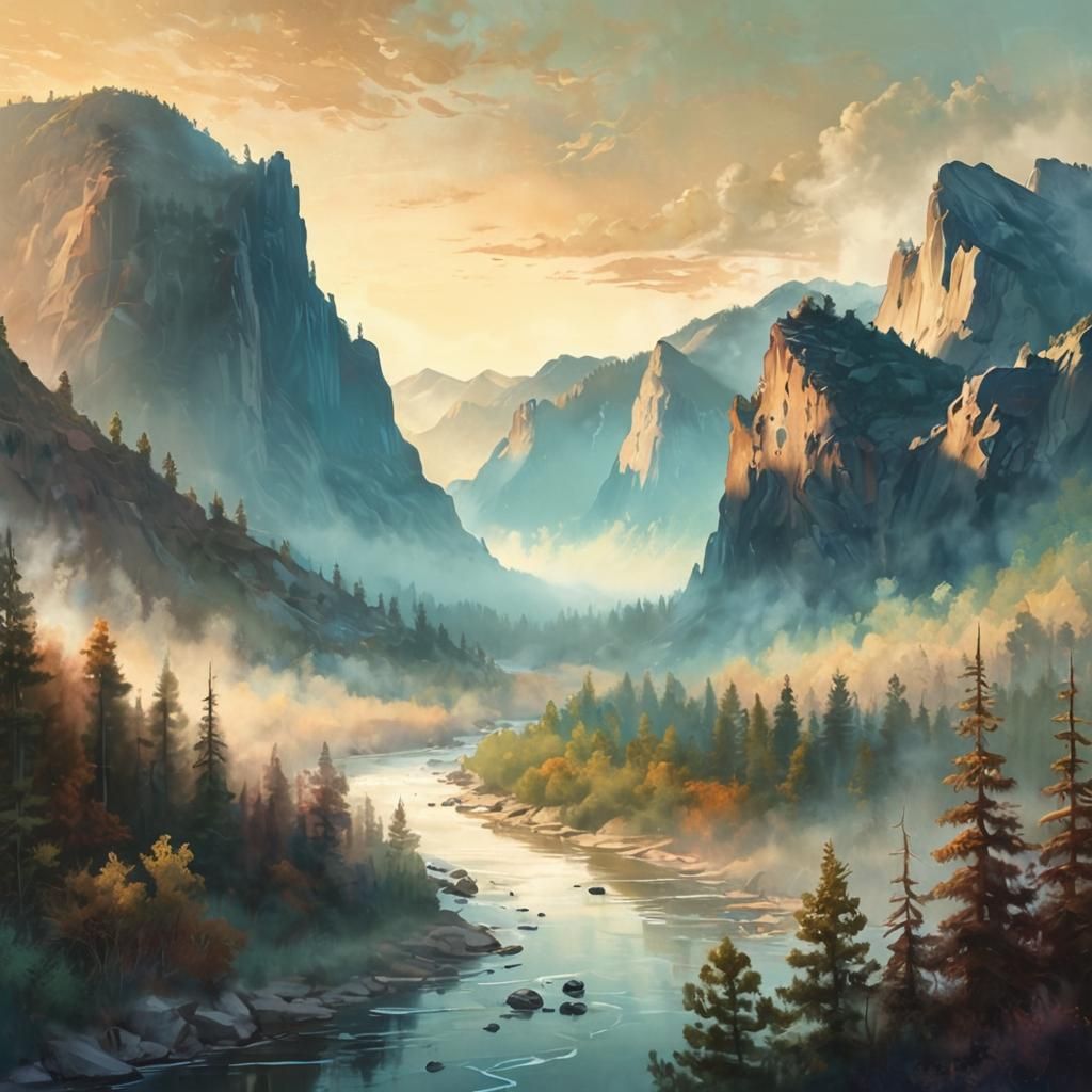 Mountain Valley at Dawn: Impressionist Landscape Painting