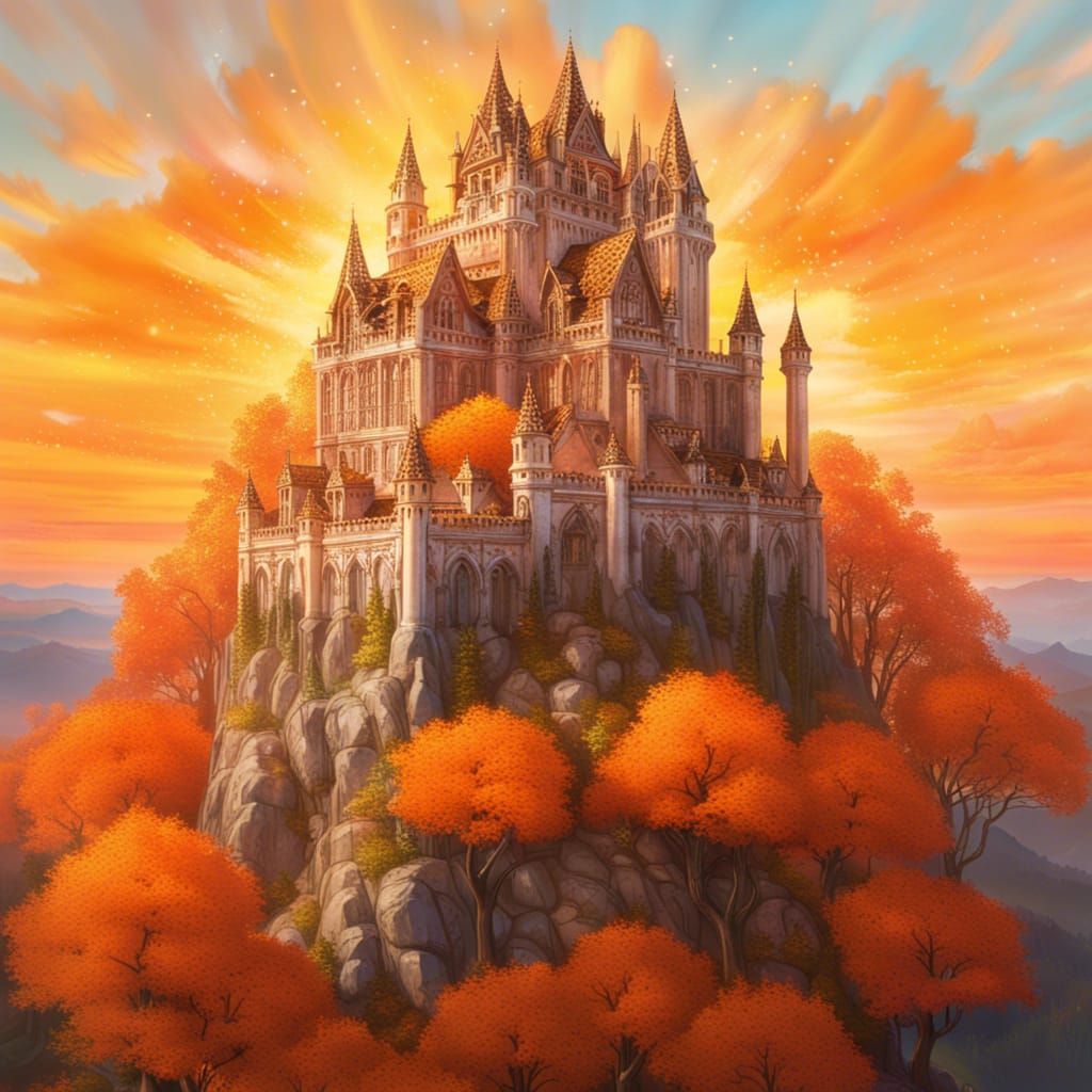 Gothic Castle Above Autumn Forest at Sunset