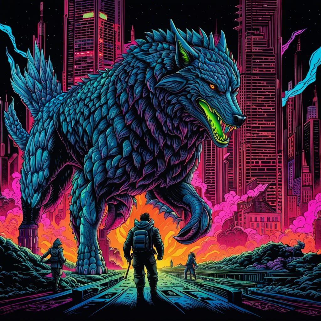 Aetherpunk Kaiju Wolf Titan Ink Drawing