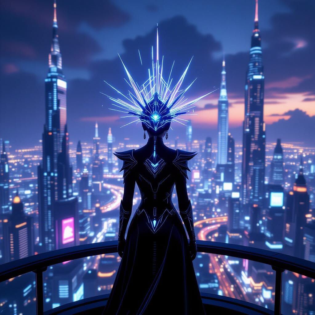 Futuristic Empress Overlooks Neon Metropolis in Energy Crown