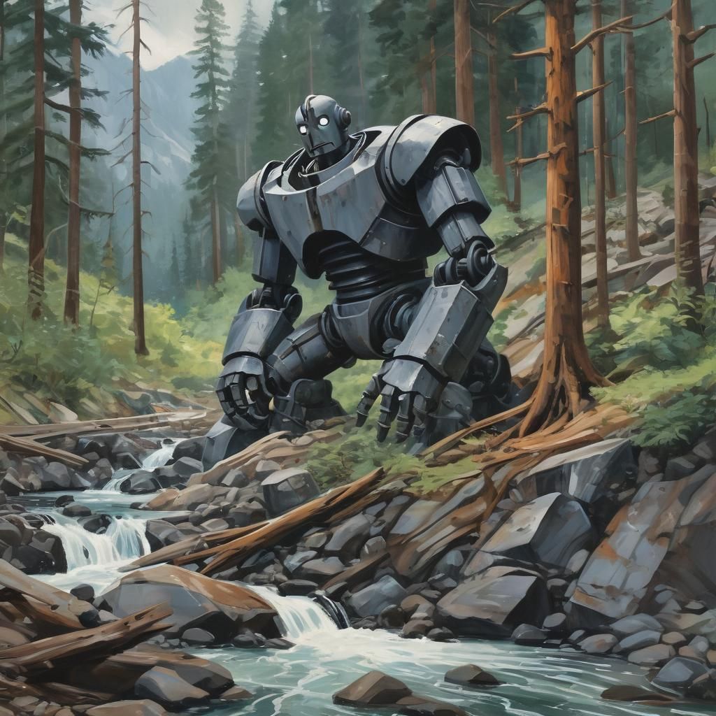Giant Iron Warrior Covered in Trees and Waterfall