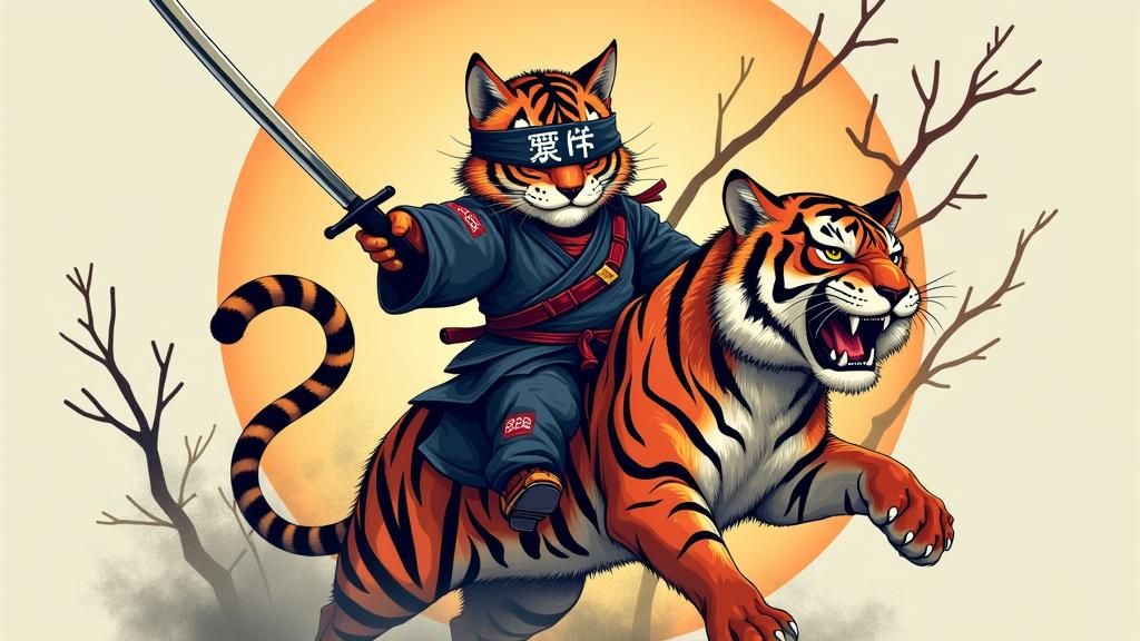 Samurai Cat Riding a Tiger in Japanese Art Style
