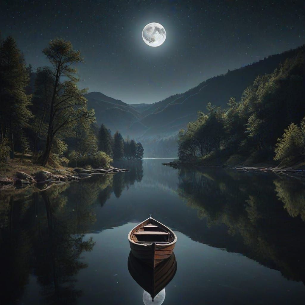 Serene Lake Landscape Under Full Moonlight