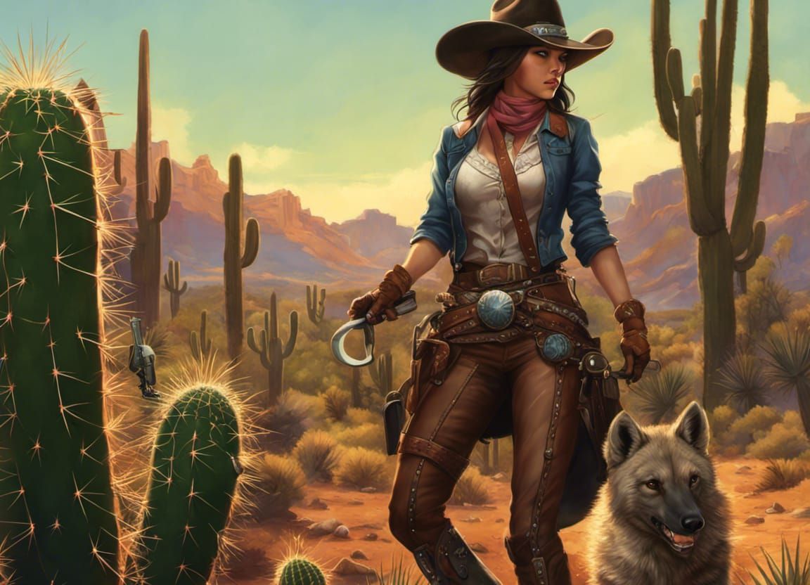 Cowgirl Wrangling Cactus: Award-Winning Digital Painting