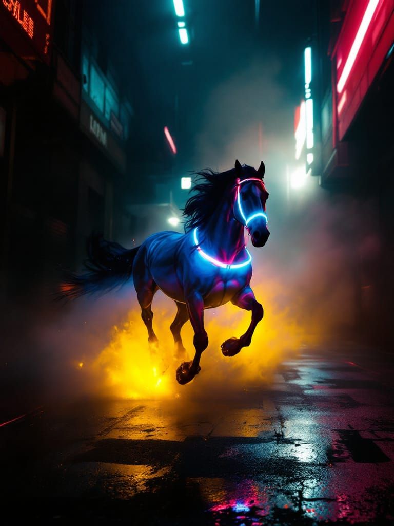 Neon Horse Blazes Through Misty Streets in Film Noir Style