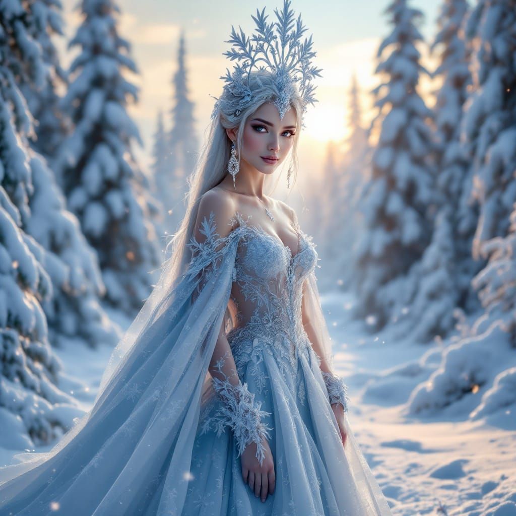 Regal Winter Goddess Under Starry Skies