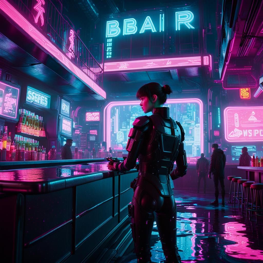 Underwater Cyberpunk Bar with Neon Lights