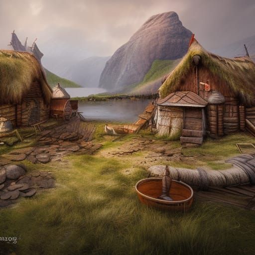 Detailed Painting of Scandinavian Viking Village