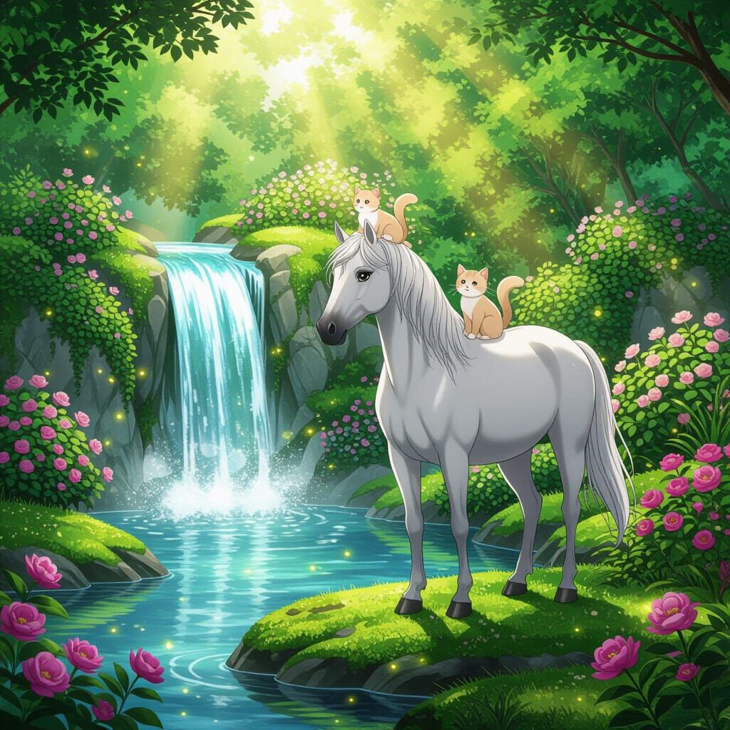 Anime Garden Sanctuary with Horse and Kitten