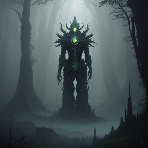 Surreal Sci-Fi Figure in Floating Forest