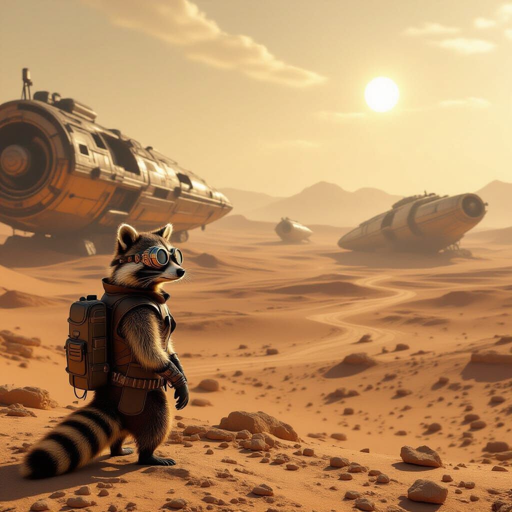 Steampunk Raccoon on Alien Desert, Matte Painting
