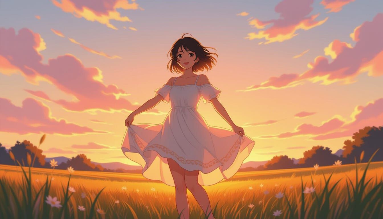 Anime Girl Dancing at Sunset in Vibrant Style
