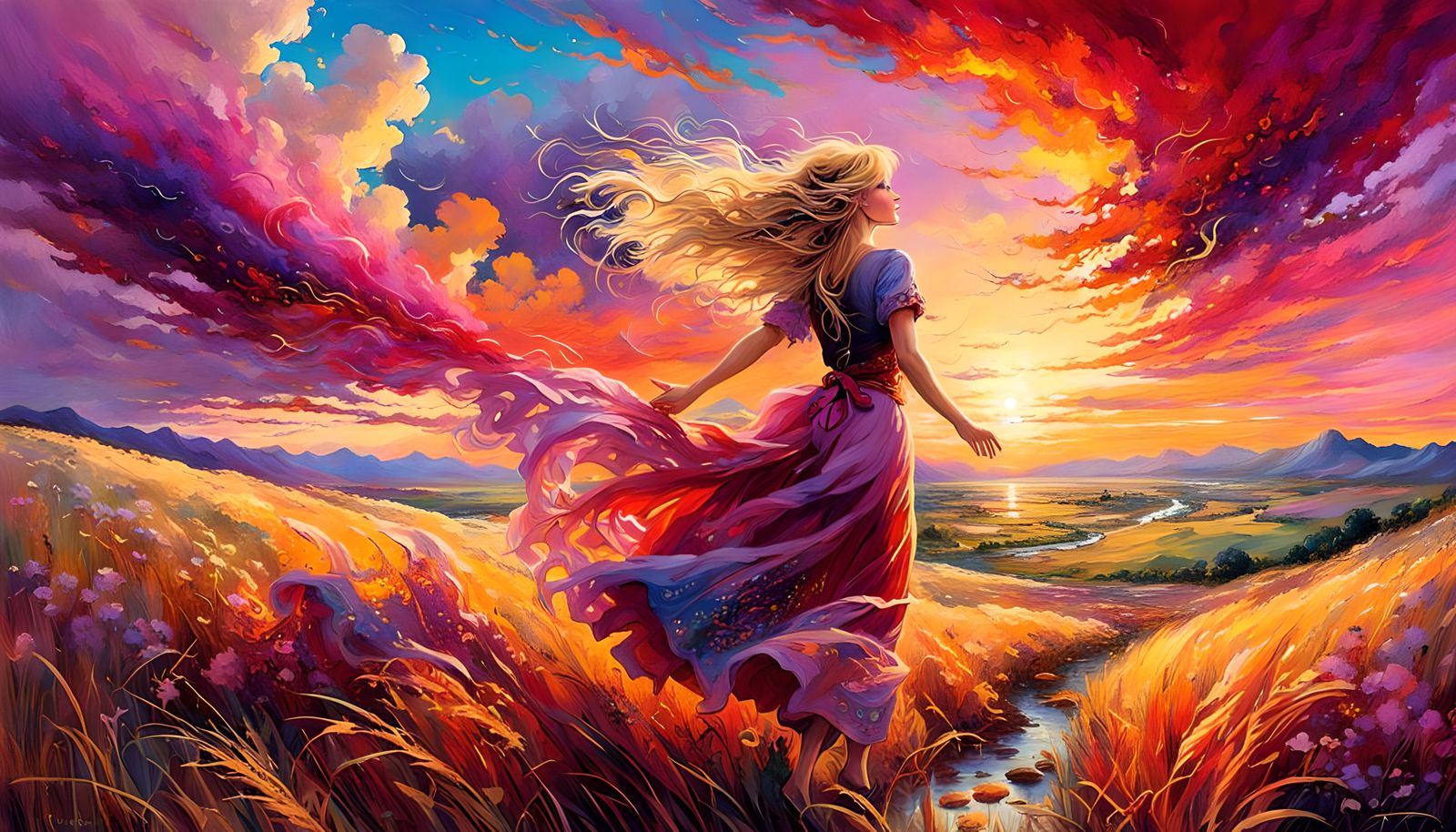 Girl in Golden Field at Sunset, Anime Style