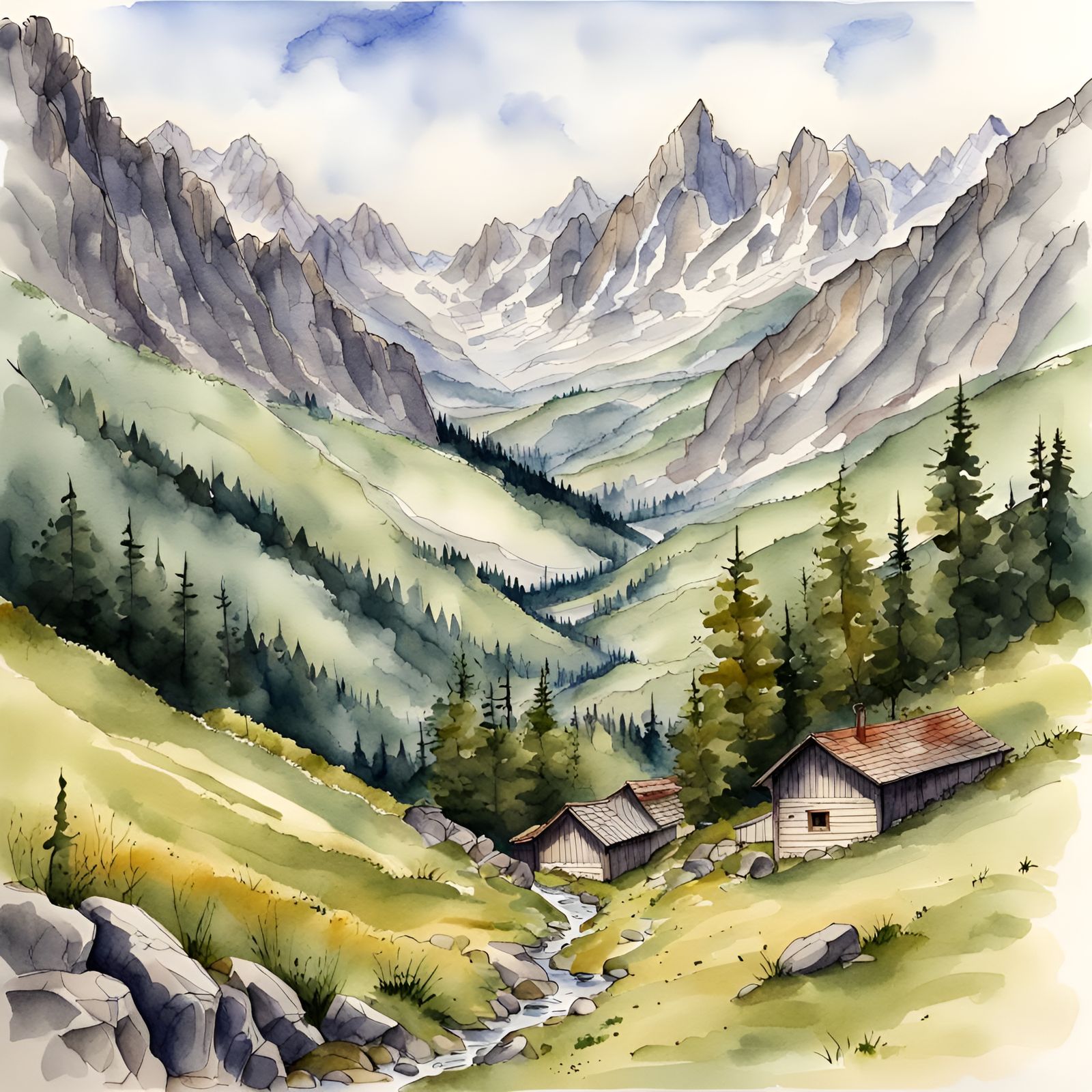 Alpine Valley: Detailed Watercolor and Ink Landscape