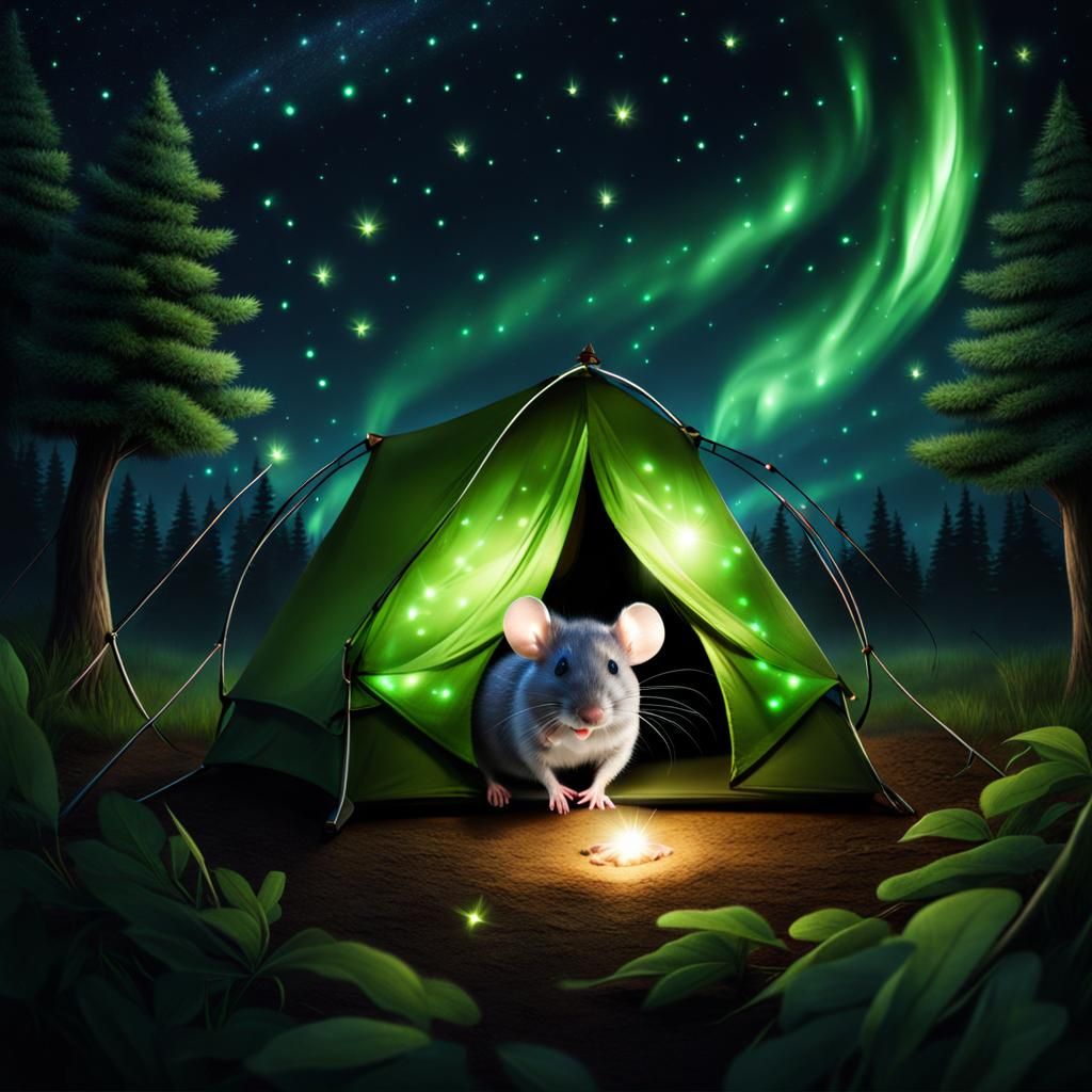 Hyperrealistic Mouse Campsite Under Aurora Sky