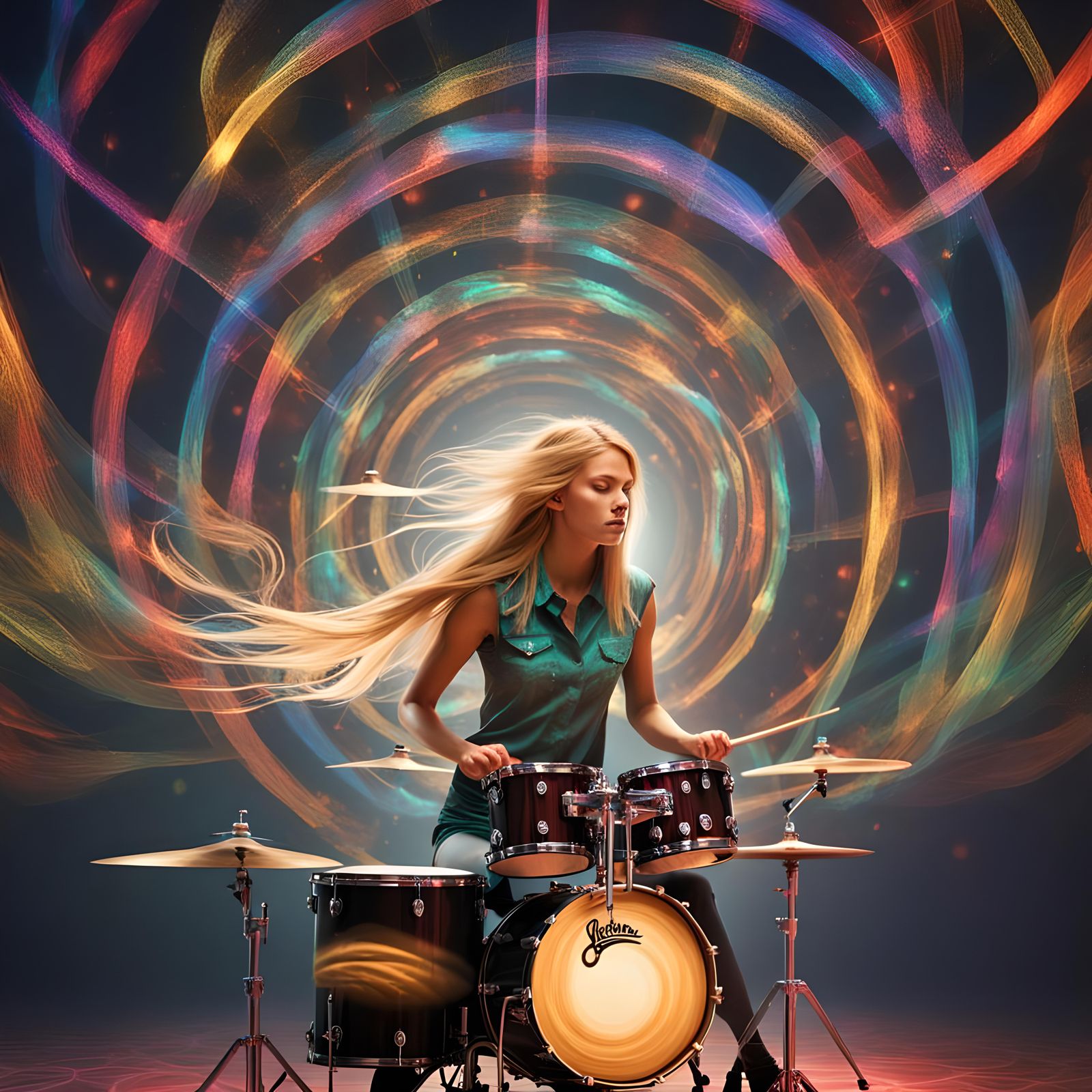 Female Drummer in Psychedelic Band with Volumetric Lighting